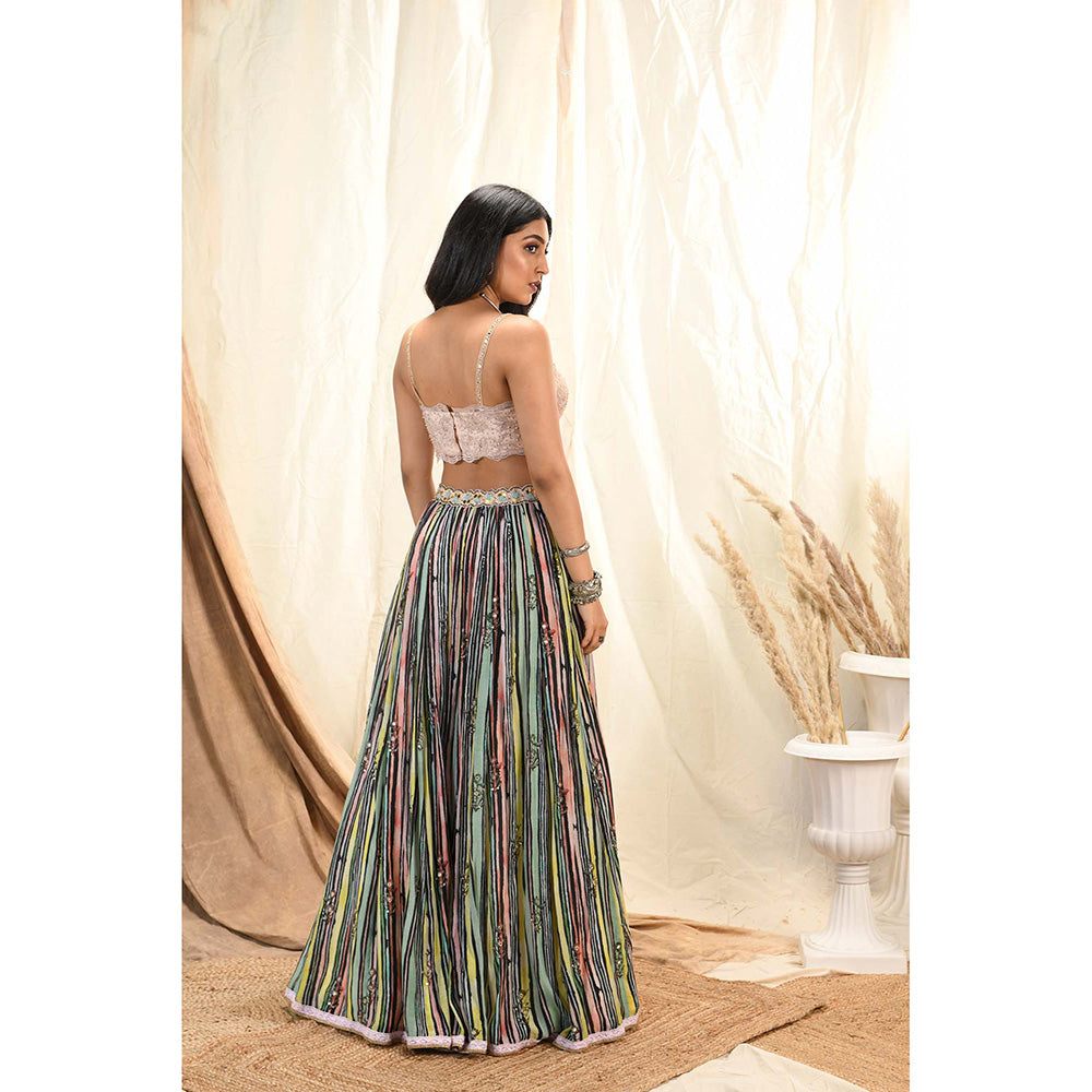 Aaryaa By Kashveen Kohli Multi-Colour Lace Bustier With Cape And Lehenga