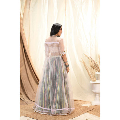 Aaryaa By Kashveen Kohli Multi-Colour Lace Bustier With Cape And Lehenga