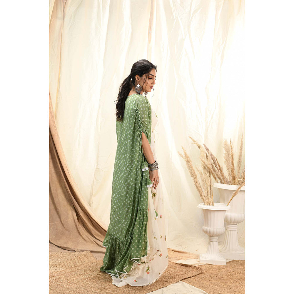 Aaryaa By Kashveen Kohli Off White Floral Embroidered Asymmetrical Dress With Bandhani Cape