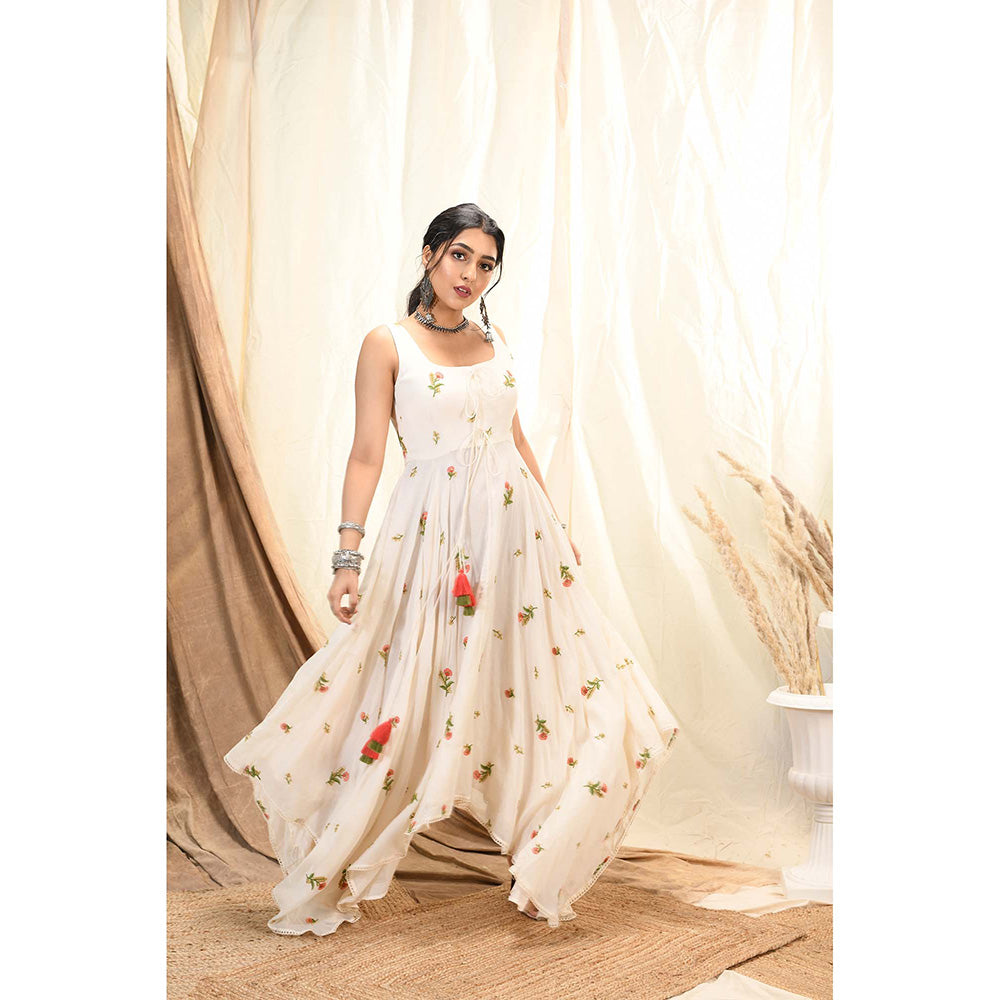 Aaryaa By Kashveen Kohli Off White Floral Embroidered Asymmetrical Dress