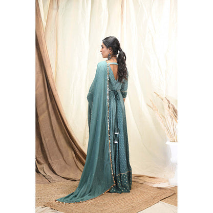 Aaryaa By Kashveen Kohli Green Polka Dot & Leaf Printed Anarkali With Dupatta