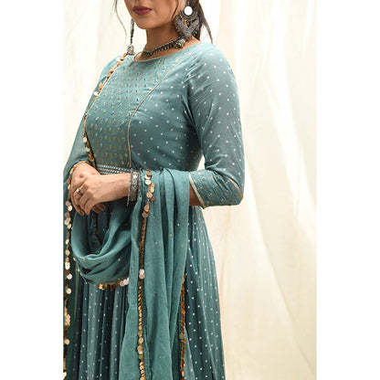 Aaryaa By Kashveen Kohli Green Polka Dot & Leaf Printed Anarkali With Dupatta