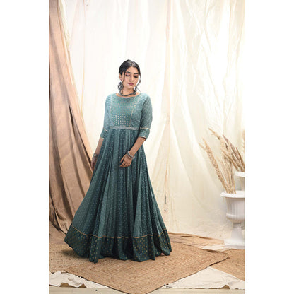 Aaryaa By Kashveen Kohli Green Polka Dot & Leaf Printed Anarkali With Dupatta