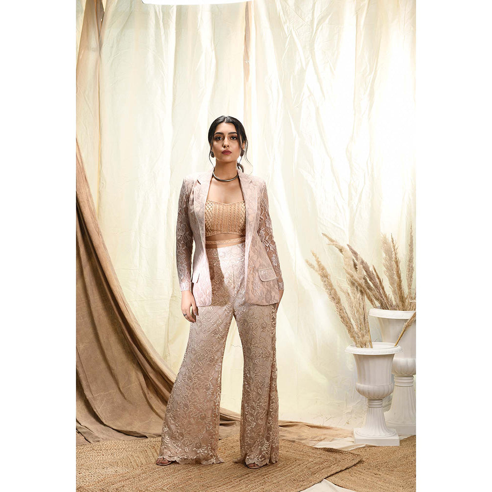 Aaryaa By Kashveen Kohli Nude Lace Pant Blazer With Blouse And Pant