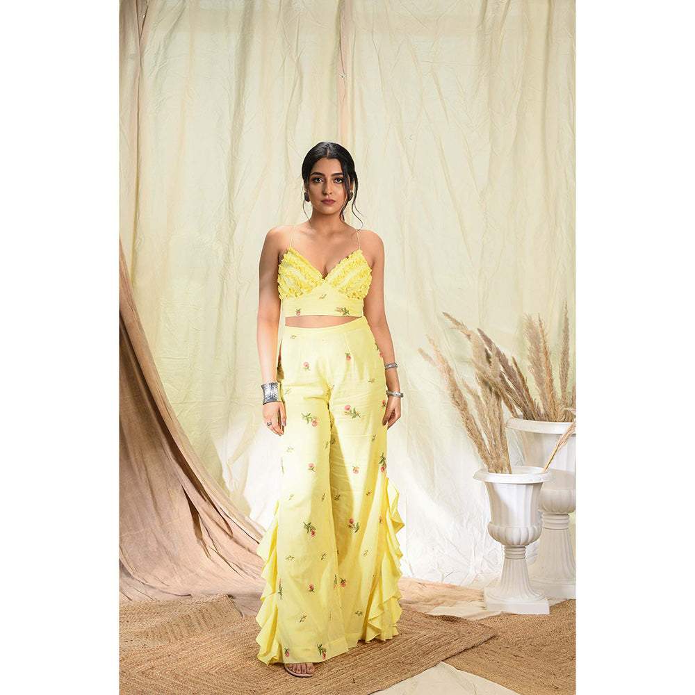 Aaryaa By Kashveen Kohli Yellow Floral Embroidered Palazzos With Strappy Crop Top