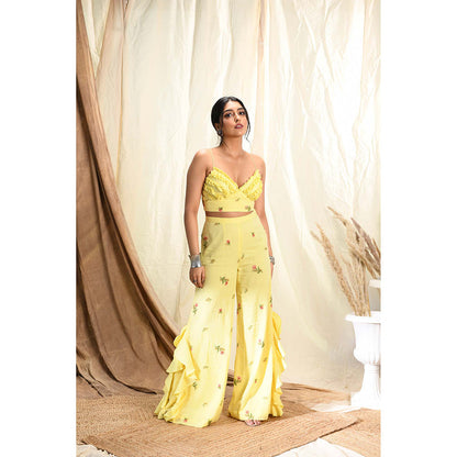 Aaryaa By Kashveen Kohli Yellow Floral Embroidered Palazzos With Strappy Crop Top