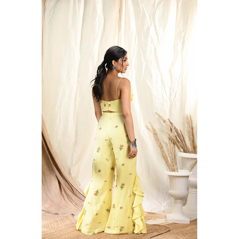 Aaryaa By Kashveen Kohli Yellow Floral Embroidered Palazzos With Strappy Crop Top