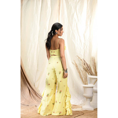 Aaryaa By Kashveen Kohli Yellow Floral Embroidered Palazzos With Strappy Crop Top