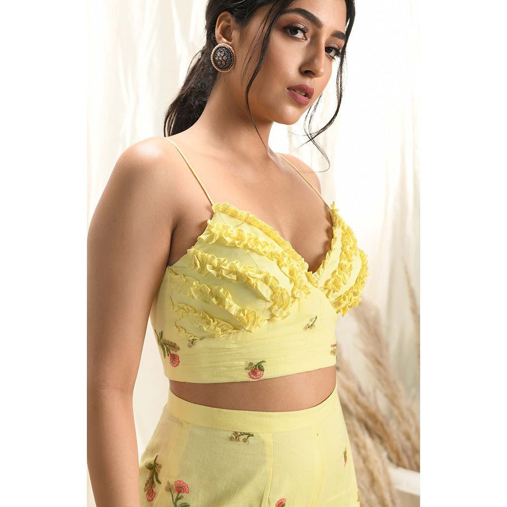 Aaryaa By Kashveen Kohli Yellow Floral Embroidered Palazzos With Strappy Crop Top
