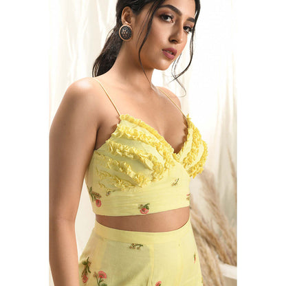 Aaryaa By Kashveen Kohli Yellow Floral Embroidered Palazzos With Strappy Crop Top