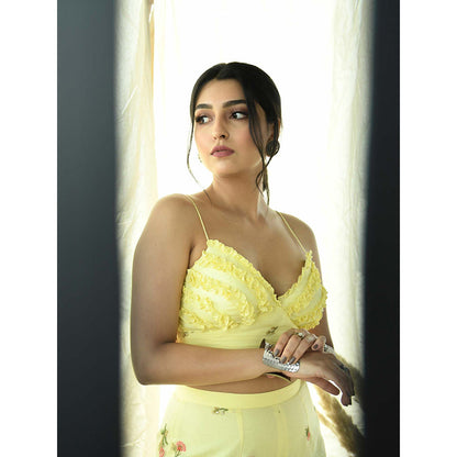 Aaryaa By Kashveen Kohli Yellow Floral Embroidered Palazzos With Strappy Crop Top