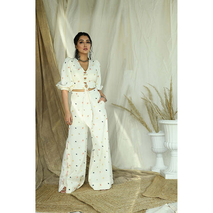 Aaryaa By Kashveen Kohli Off White Leaf Embroidered Palazzos With Front Knot Crop Top