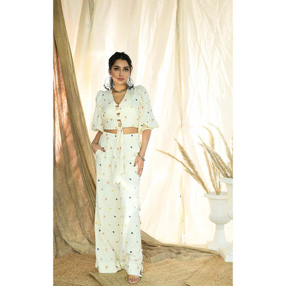 Aaryaa By Kashveen Kohli Off White Leaf Embroidered Palazzos With Front Knot Crop Top