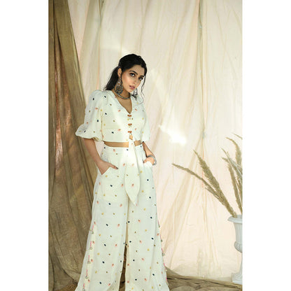 Aaryaa By Kashveen Kohli Off White Leaf Embroidered Palazzos With Front Knot Crop Top