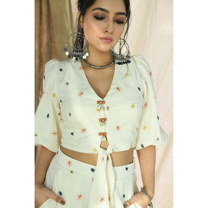 Aaryaa By Kashveen Kohli Off White Leaf Embroidered Palazzos With Front Knot Crop Top