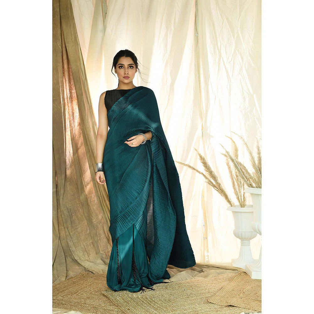 Aaryaa By Kashveen Kohli Teal Pleated Fringe Pre-Draped Saree with Stitched Blouse