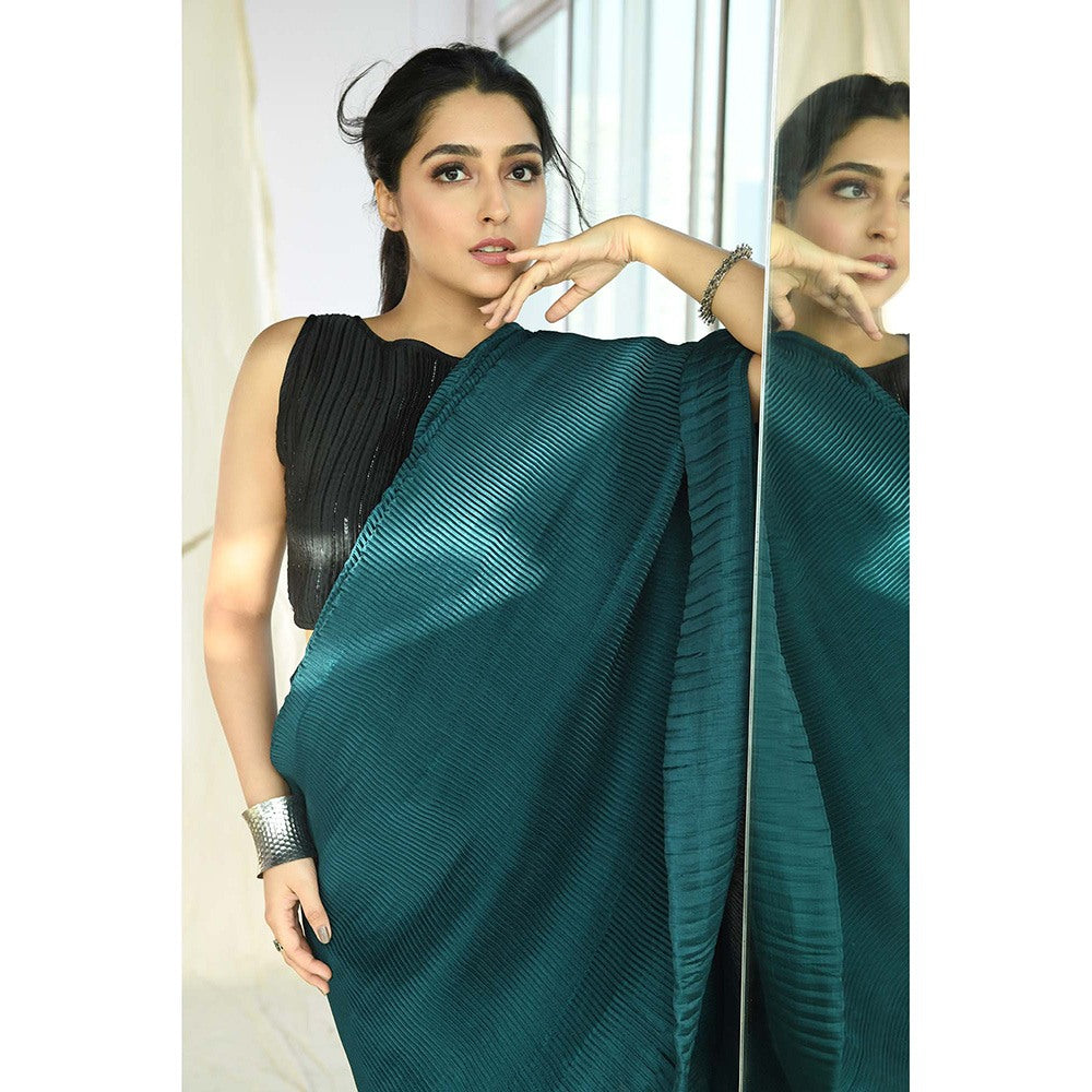 Aaryaa By Kashveen Kohli Teal Pleated Fringe Pre-Draped Saree with Stitched Blouse