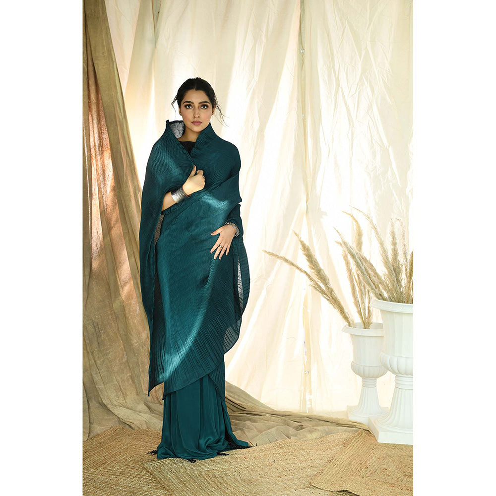 Aaryaa By Kashveen Kohli Teal Pleated Fringe Pre-Draped Saree with Stitched Blouse