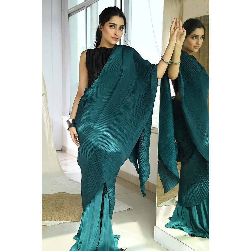 Aaryaa By Kashveen Kohli Teal Pleated Fringe Pre-Draped Saree with Stitched Blouse