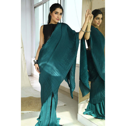 Aaryaa By Kashveen Kohli Teal Pleated Fringe Pre-Draped Saree with Stitched Blouse