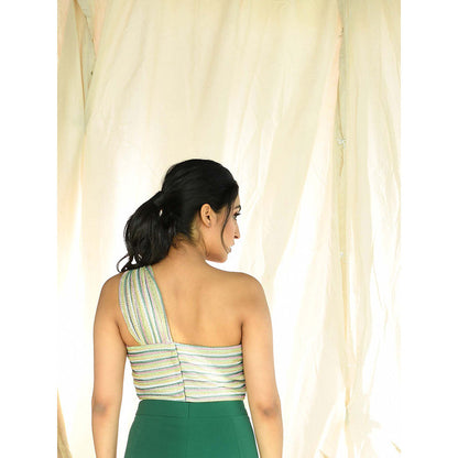 Aaryaa By Kashveen Kohli Green Stripes Drape Crop Top With Pant