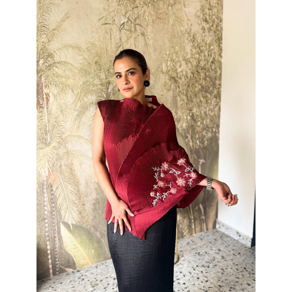Aasabysimran Sangria Embroidered Lunar Bloom In Maroon Top