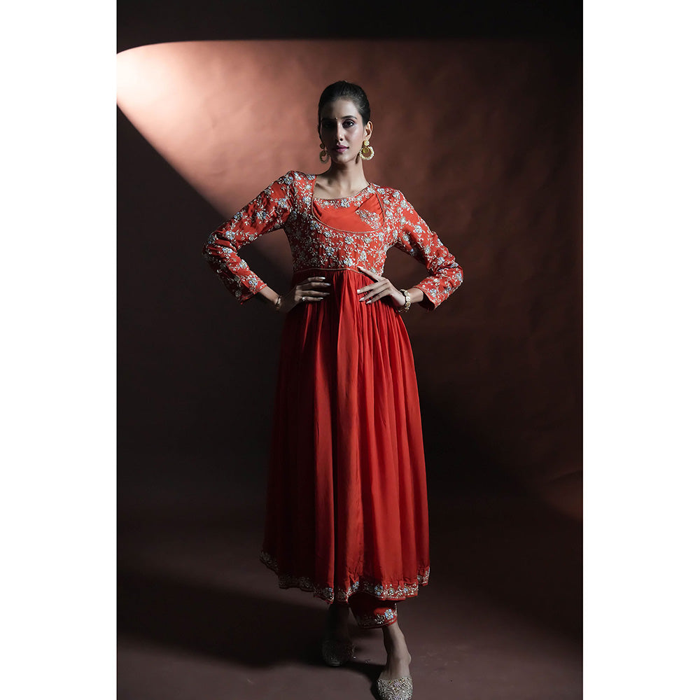 Aavya Store Red Anarkali with Pant and Dupatta (Set of 3)