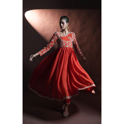 Aavya Store Red Anarkali with Pant and Dupatta (Set of 3)