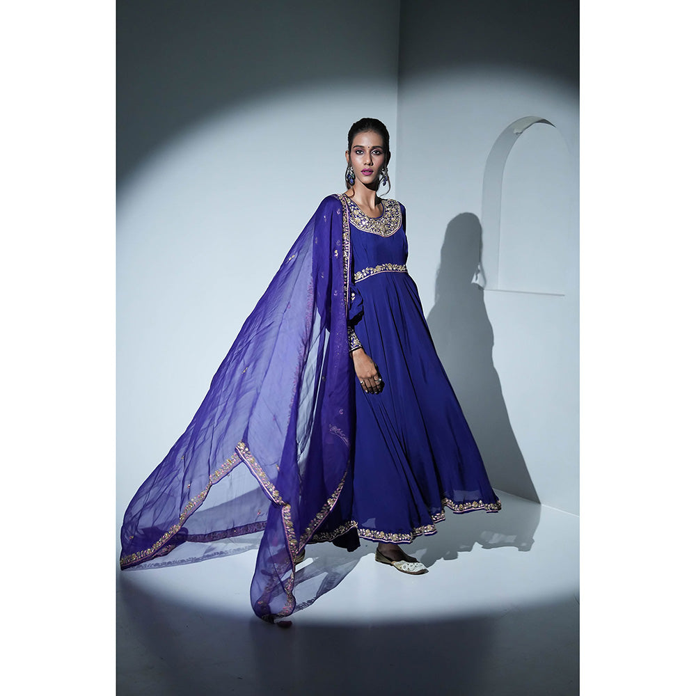 Aavya Store Dark Blue Anarkali with Pant and Dupatta (Set of 3)