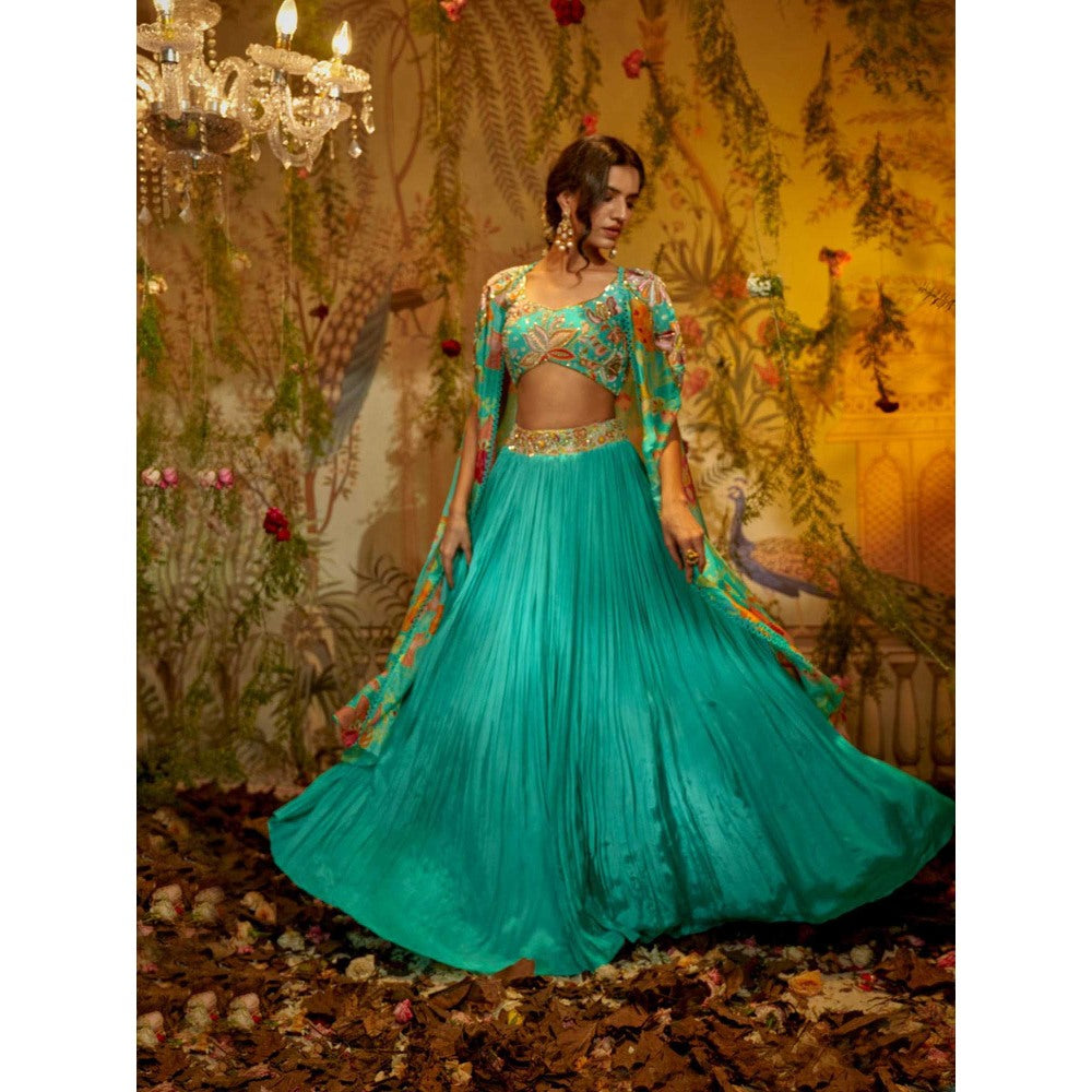 Aayushi Maniar Madhvi Cape Lehenga with Blouse Turquoise (Set of 3)