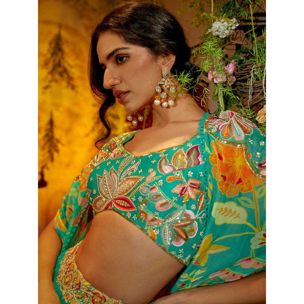 Aayushi Maniar Madhvi Cape Lehenga with Blouse Turquoise (Set of 3)