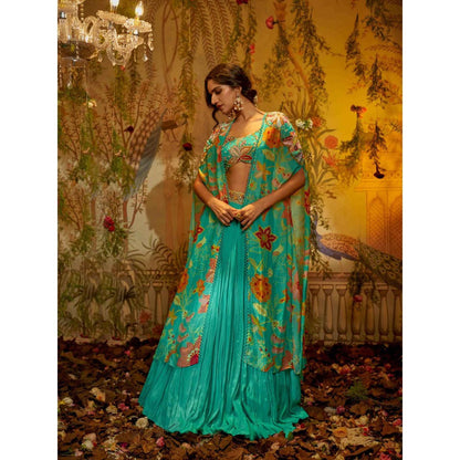 Aayushi Maniar Madhvi Cape Lehenga with Blouse Turquoise (Set of 3)