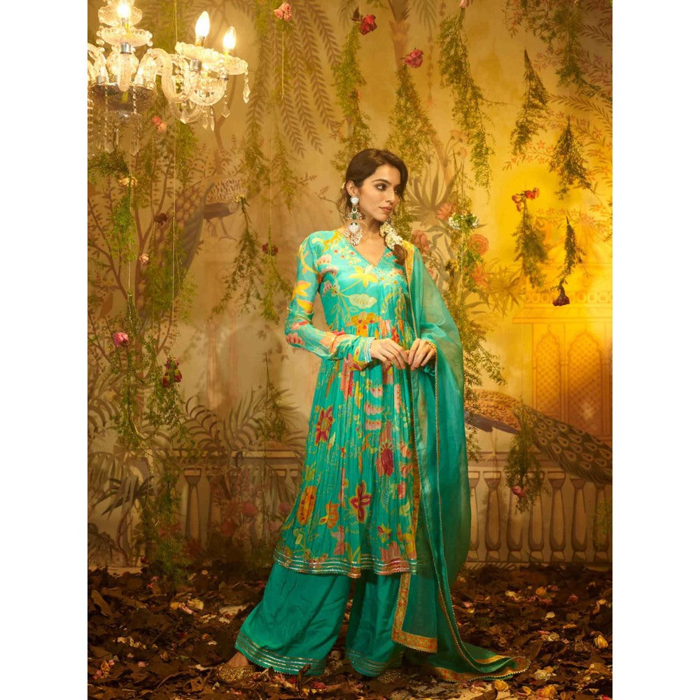 Aayushi Maniar Kumari Angarkha Kurta with Palazzo and Dupatta Green (Set of 3)