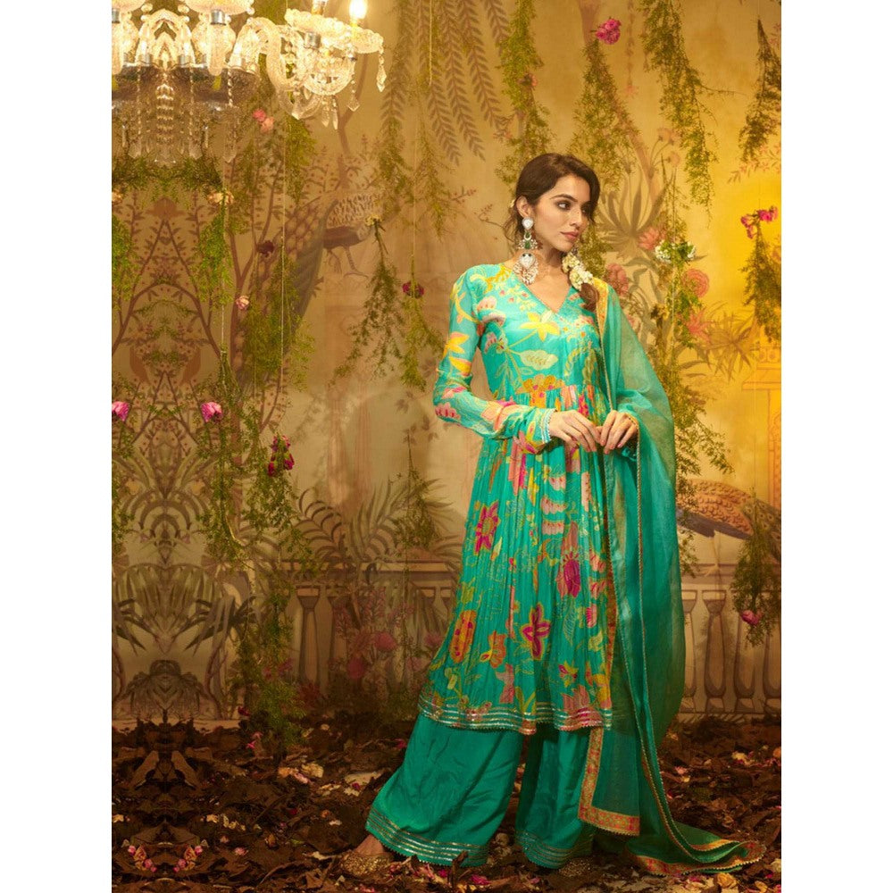 Aayushi Maniar Kumari Angarkha Kurta with Palazzo and Dupatta Green (Set of 3)
