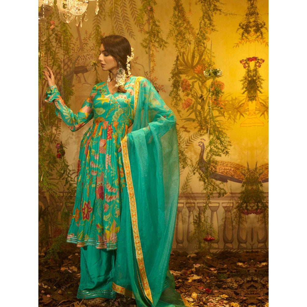 Aayushi Maniar Kumari Angarkha Kurta with Palazzo and Dupatta Green (Set of 3)