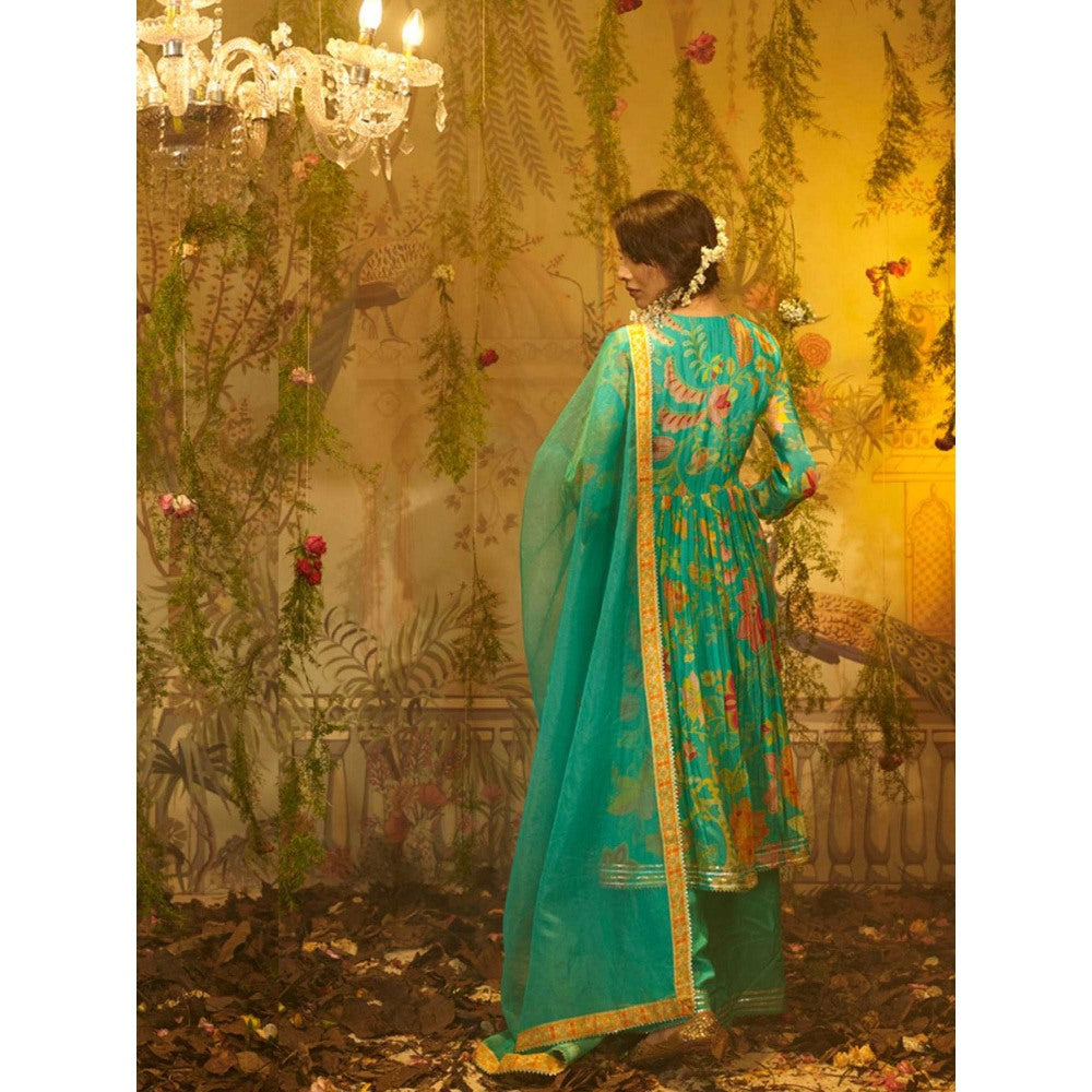 Aayushi Maniar Kumari Angarkha Kurta with Palazzo and Dupatta Green (Set of 3)