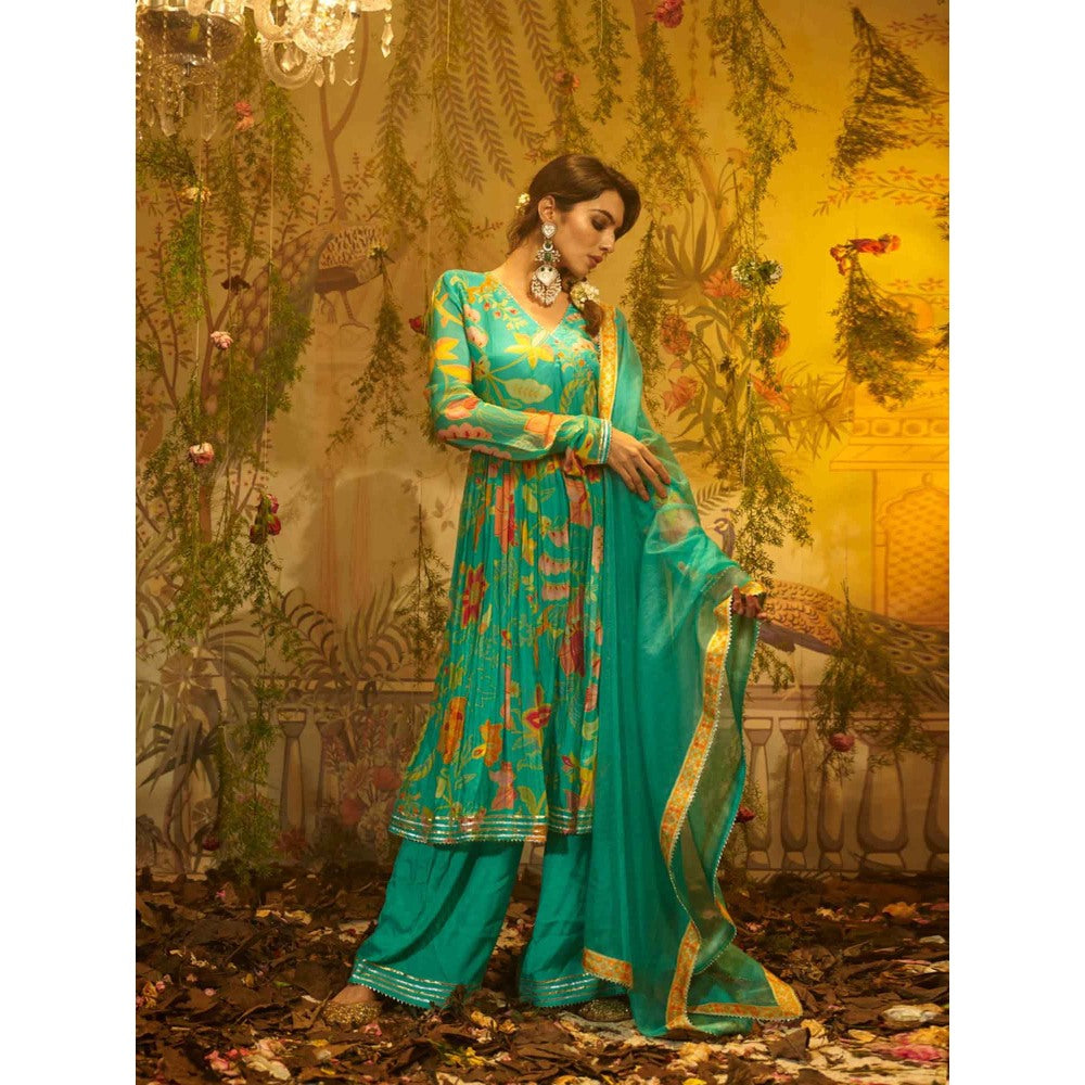 Aayushi Maniar Kumari Angarkha Kurta with Palazzo and Dupatta Green (Set of 3)