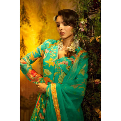 Aayushi Maniar Kumari Angarkha Kurta with Palazzo and Dupatta Green (Set of 3)