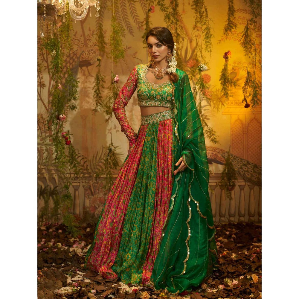 Aayushi Maniar Raat Rani Lehenga and Blouse with Dupatta Green (Set of 3)
