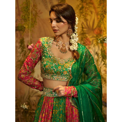 Aayushi Maniar Raat Rani Lehenga and Blouse with Dupatta Green (Set of 3)