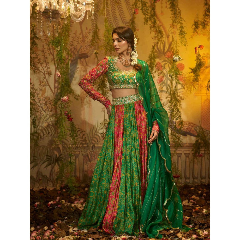 Aayushi Maniar Raat Rani Lehenga and Blouse with Dupatta Green (Set of 3)