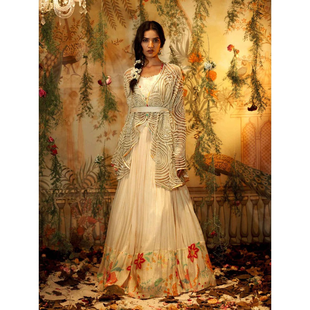 Aayushi Maniar Chandini Lehenga with Blouse and Cape Ivory (Set of 3)