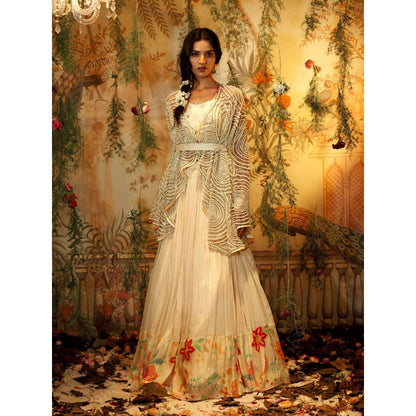 Aayushi Maniar Chandini Lehenga with Blouse and Cape Ivory (Set of 3)