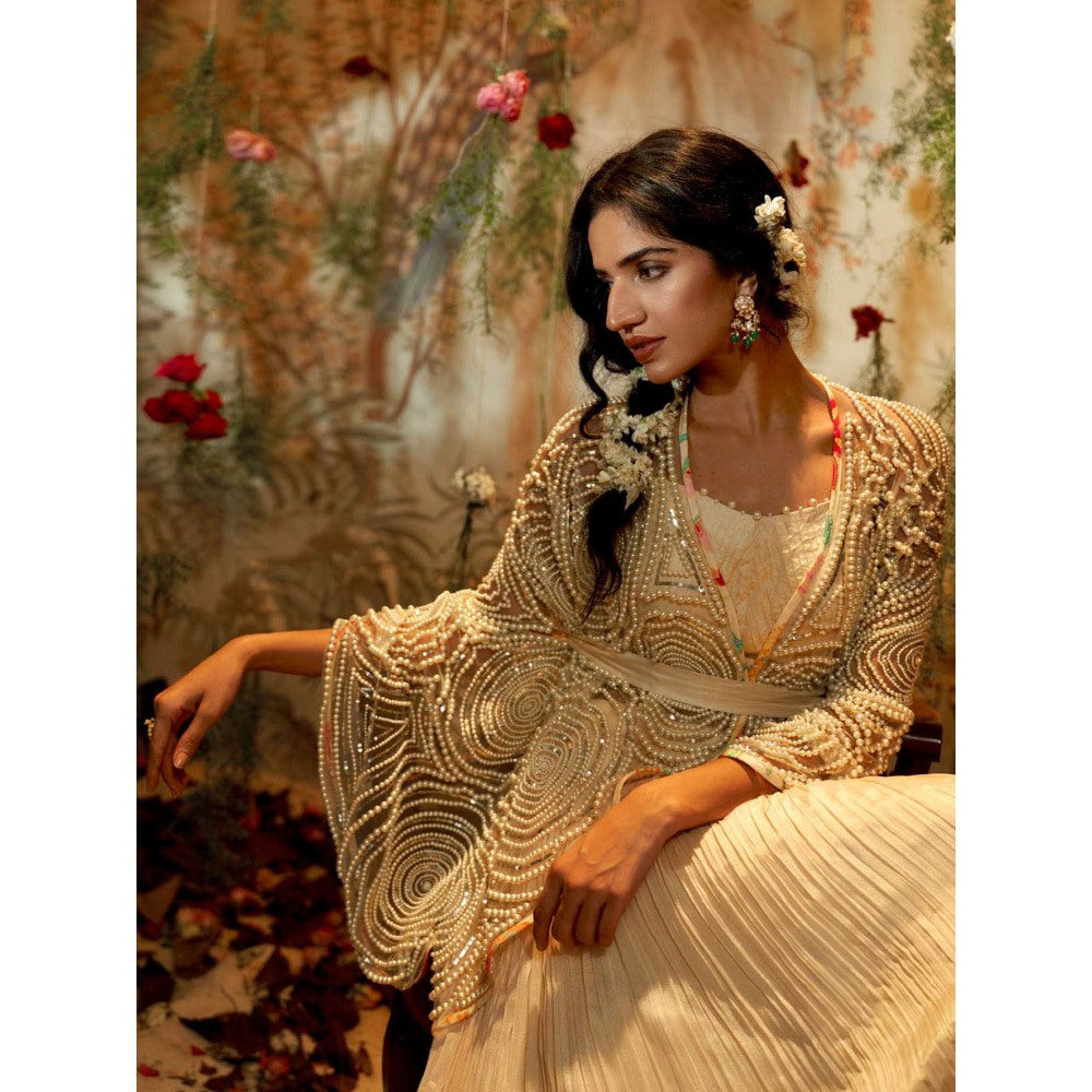 Aayushi Maniar Chandini Lehenga with Blouse and Cape Ivory (Set of 3)