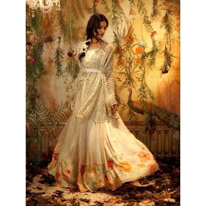 Aayushi Maniar Chandini Lehenga with Blouse and Cape Ivory (Set of 3)