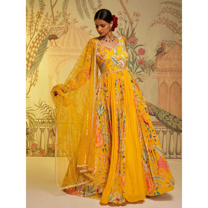 Aayushi Maniar Amber Floral Anarkali Kurta and Dupatta Yellow (Set of 2)