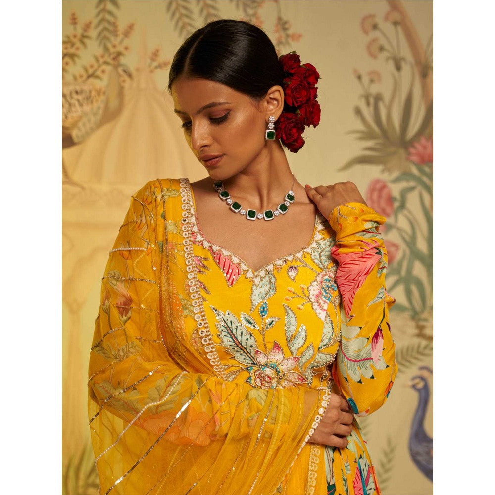 Aayushi Maniar Amber Floral Anarkali Kurta and Dupatta Yellow (Set of 2)