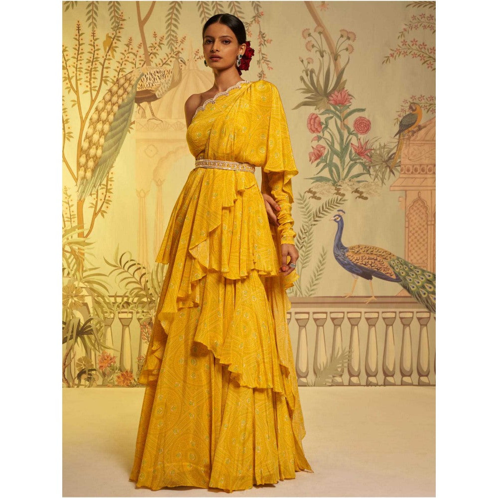 Aayushi Maniar Bandhani Frill Saree Yellow with Stitched Blouse