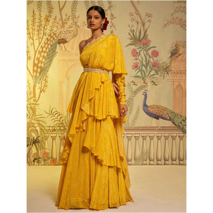 Aayushi Maniar Bandhani Frill Saree Yellow with Stitched Blouse