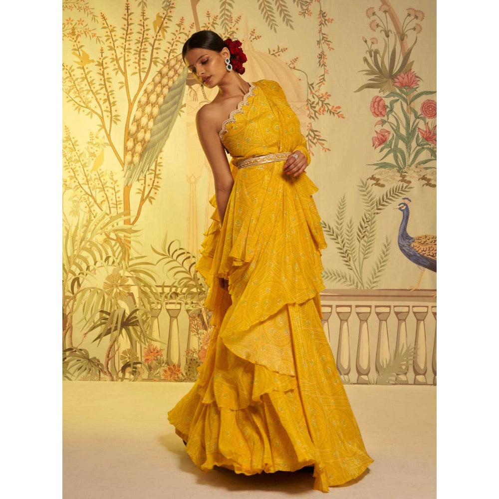 Aayushi Maniar Bandhani Frill Saree Yellow with Stitched Blouse